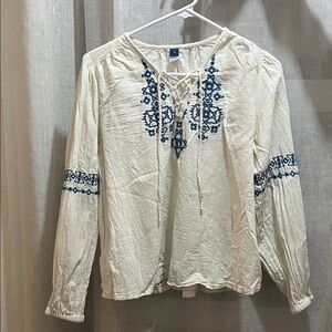 Old Navy Cream Blouse with Blue Embroidery